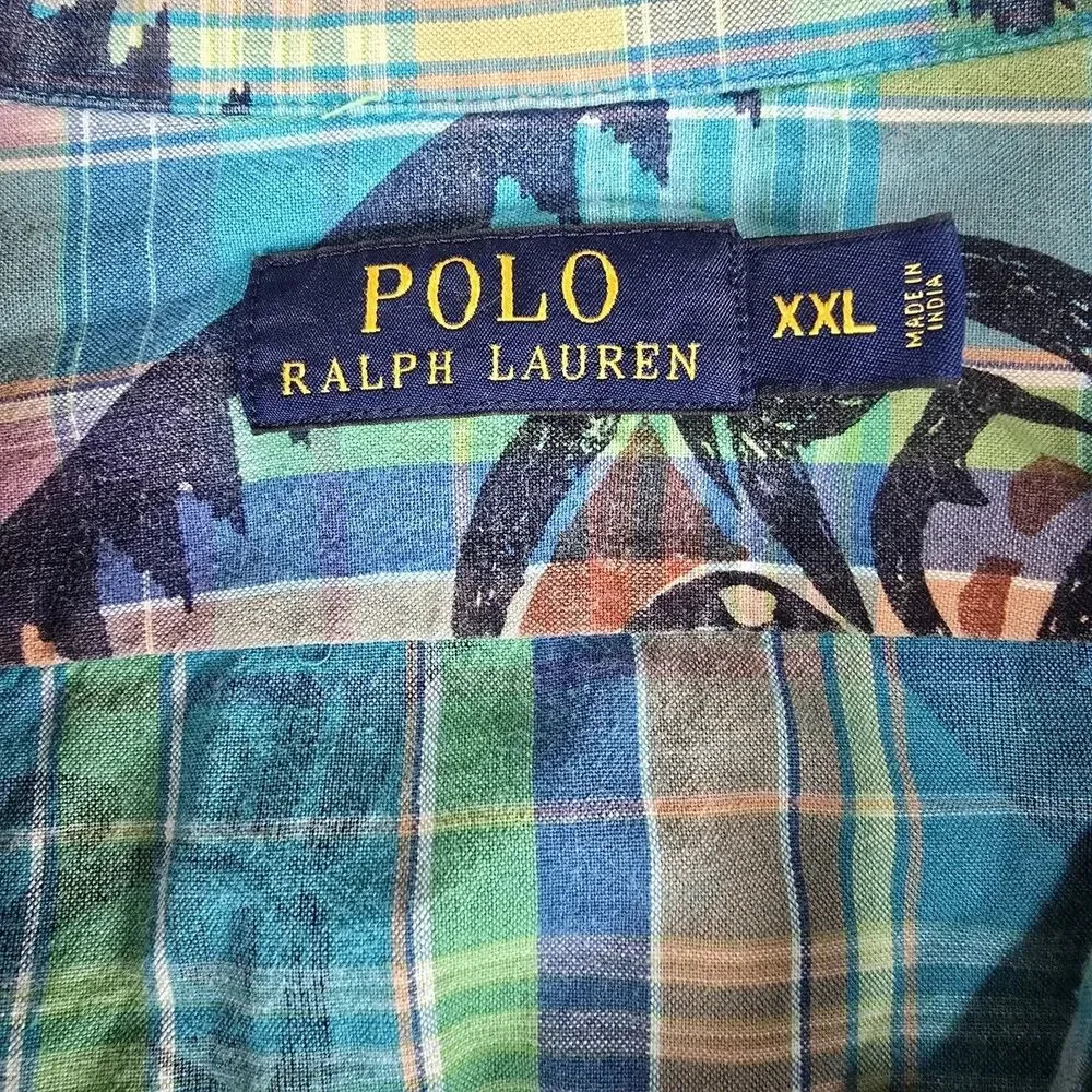 Polo Ralph Lauren Hawaiian Shirt Mens XL Blue Aztec Cotton Beach Plaid Shark EUC